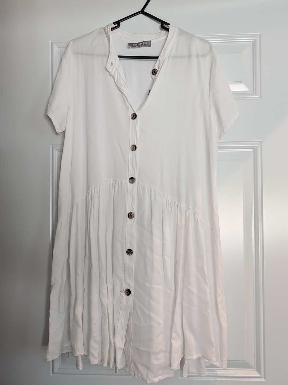 Pistache White Button-Front Short Sleeve Dress